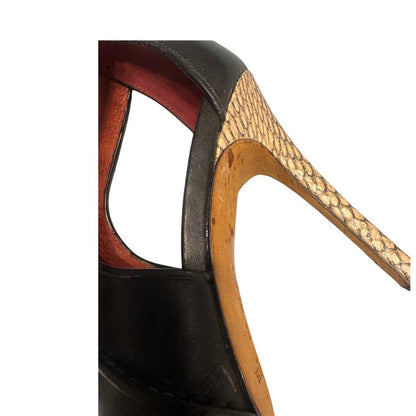 Coach Black Leather Lace-Up Cutout Heels w/ Snakeskin Stiletto | Size 7.5