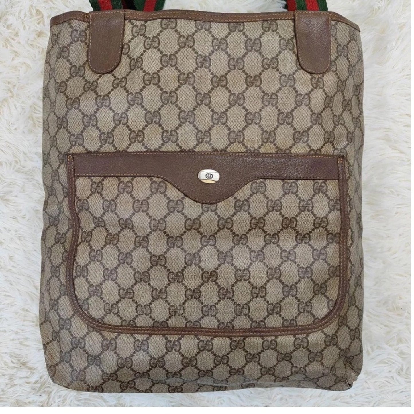 Authentic Vintage Gucci Monogram Canvas Tote Bag Red Green Stripe