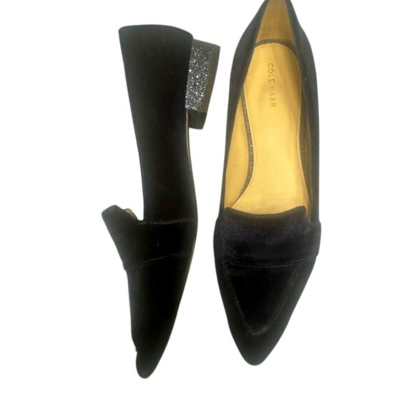 Cole Haan Marlee Skimmer II Navy Velvet Loafers Glitter Block Heels Size 9B