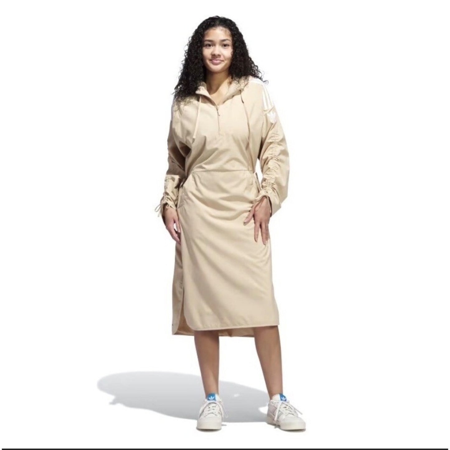 Adidas Parley Windbreaker Dress Beige Drawstring Hooded Athleisure Womens M