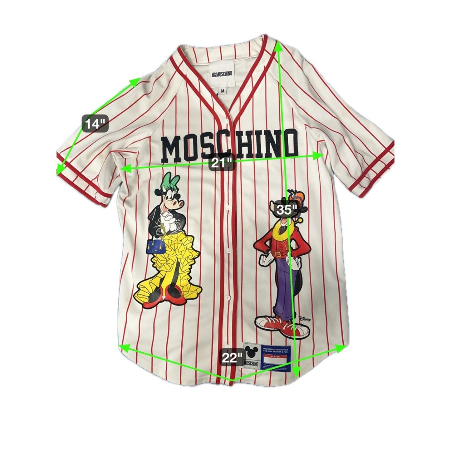 MOSCHINO H&M Disney Goofy Mickey Mouse Baseball Jersey Shirt Red White Striped