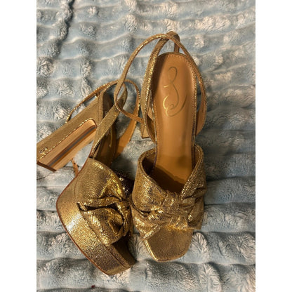 Sam Edelman Gold Bow Heeled Sandals | Metallic Evening Shoes | Size 8