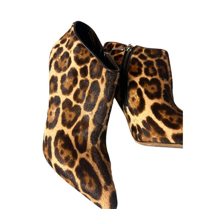 Dolce & Gabbana Leopard Print Calf Hair Ankle Boots Pointed Toe Stiletto 38