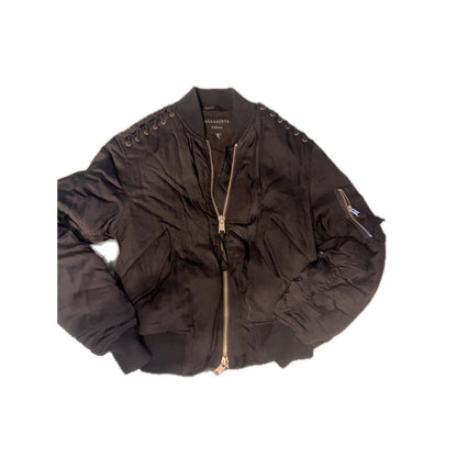 AllSaints Kensie Bomber Jacket Black Lace Up Shoulder Satin Flight Jacket XS