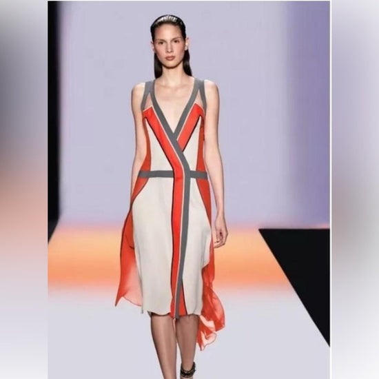 BCBG Max Azria Runway Brenda Dress Chalk Grey V-Neck Sleeveless Color-Block.