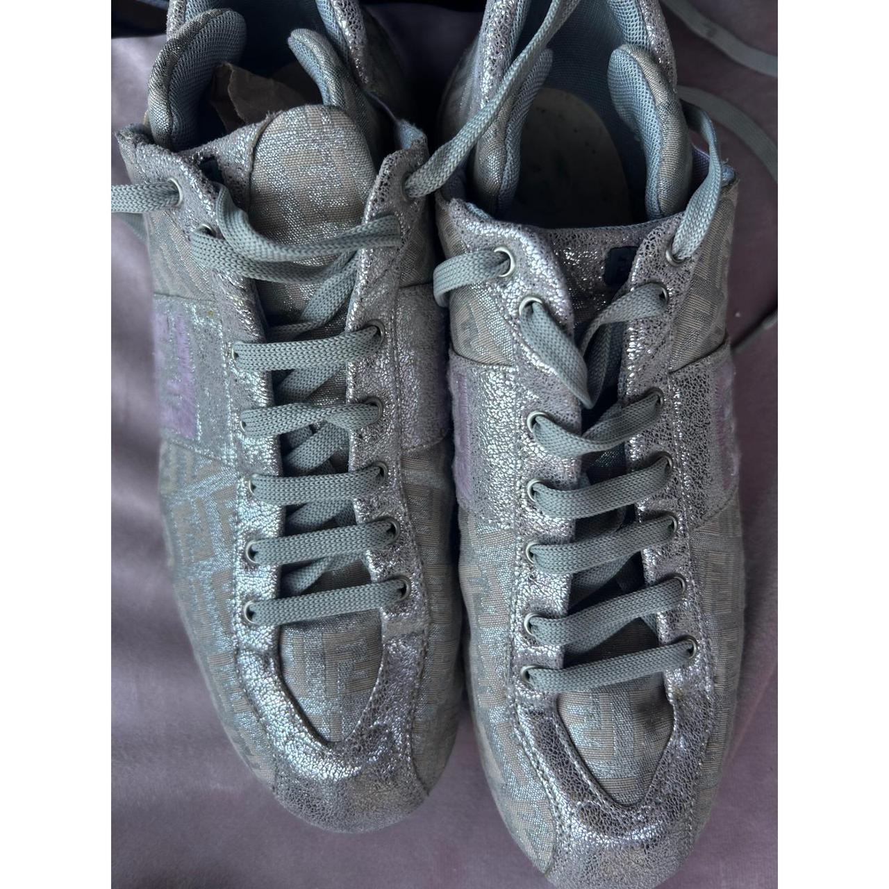 Fendi Zucca Monogram Metallic Silver Grey Low Top Sneakers  FF Logo