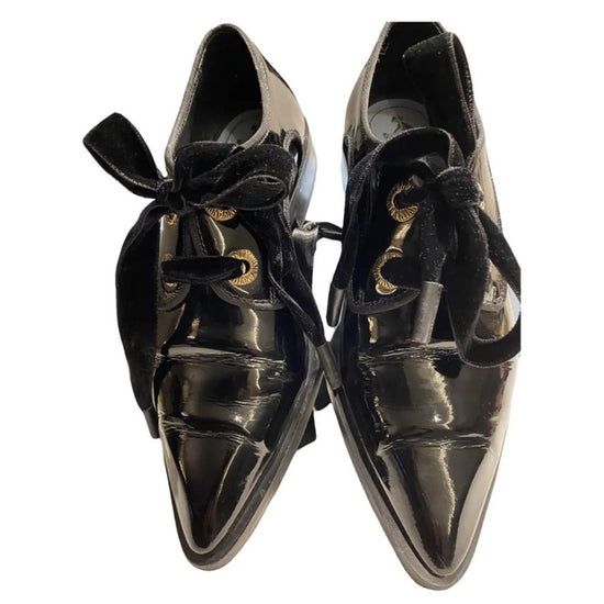Lanvin Black Flats with Glossy Patent Leather Finish with‎ velvet laces 37.5