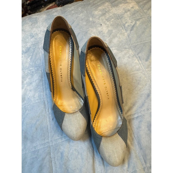 Charlotte Olympia Platform Heels Gray Beige Fabric Block Pumps Size 39