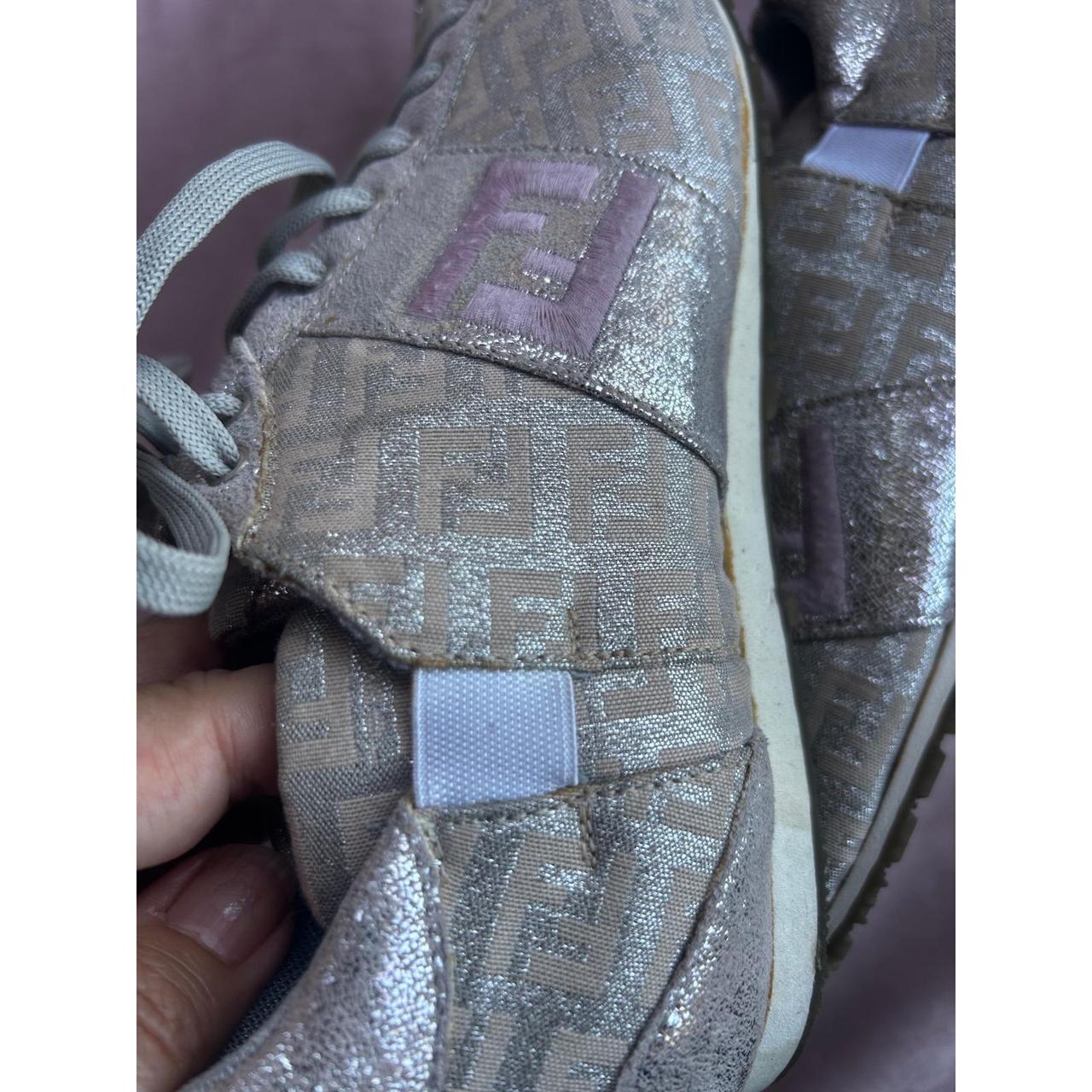 Fendi Zucca Monogram Metallic Silver Grey Low Top Sneakers  FF Logo