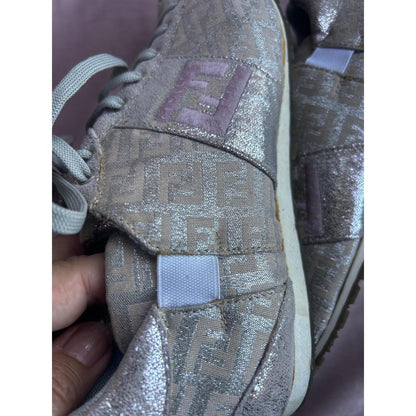 Fendi Zucca Monogram Metallic Silver Grey Low Top Sneakers  FF Logo