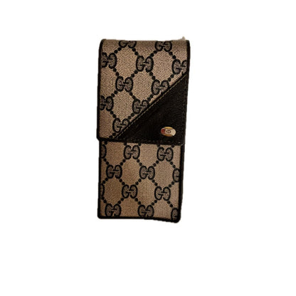 Gucci GG Monogram Canvas Leather Trim Card Holder Wallet Case Brown Beige