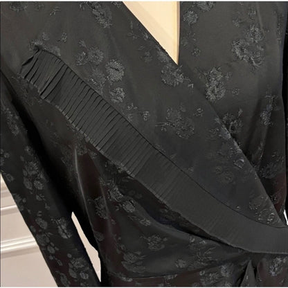 Sandro Paris Floral Jacquard Wrap Dress Long Sleeve Dark size S Black