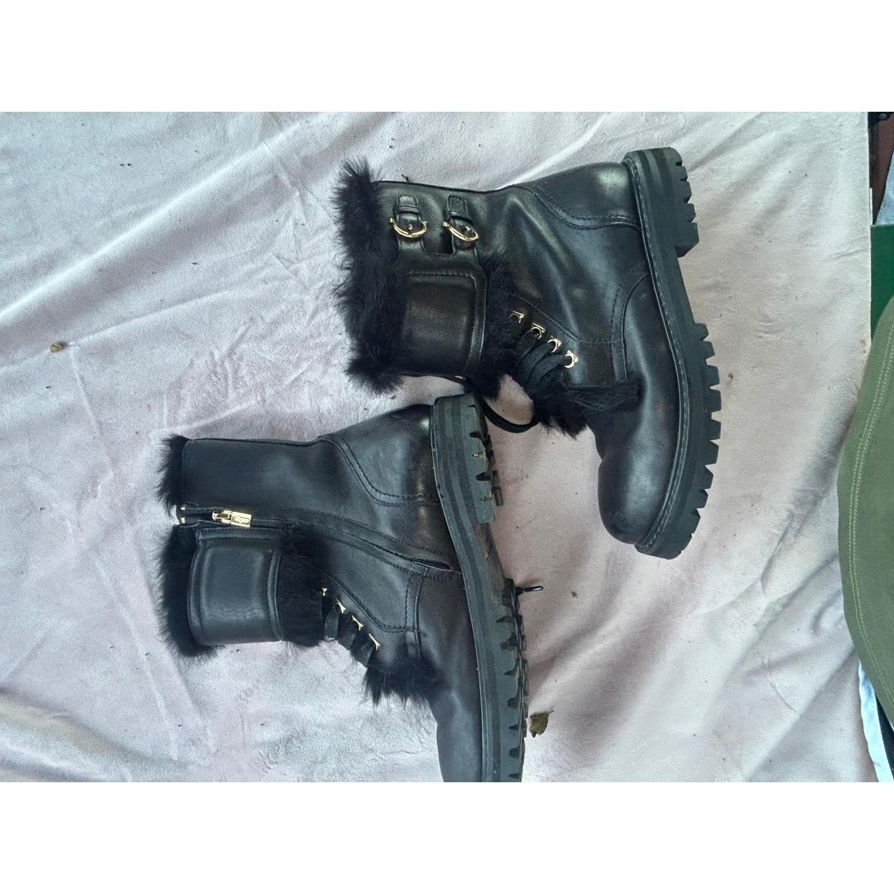 Salvatore Ferragamo Black Leather Fur Trim Gancini Combat Boots Lug Sole Italy