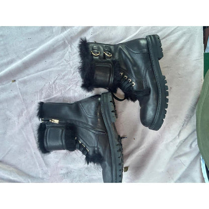 Salvatore Ferragamo Black Leather Fur Trim Gancini Combat Boots Lug Sole Italy