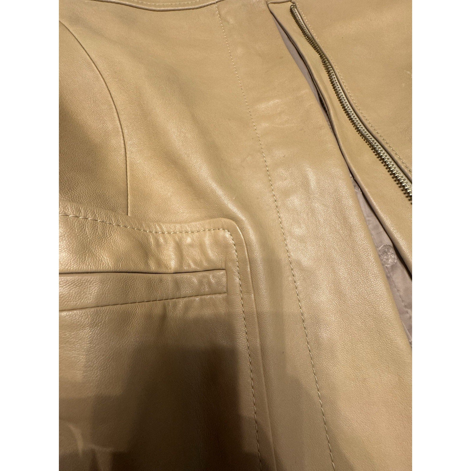 Tory Burch Camel Leather Jacket Gold Hardware Monogram Lining Women’s 2
