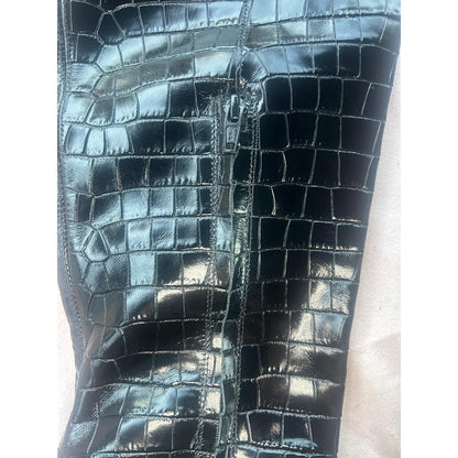 Staud Black Croc-Embossed Leather Knee-High Stiletto Boots Pointed Toe 37.5