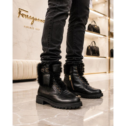 Salvatore Ferragamo Black Leather Fur Trim Gancini Combat Boots Lug Sole Italy