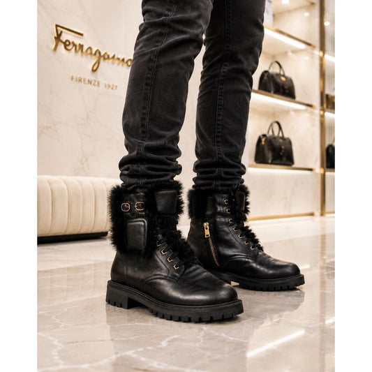 Salvatore Ferragamo Black Leather Fur-Trim Gancini Combat Boots Women's US 7.5