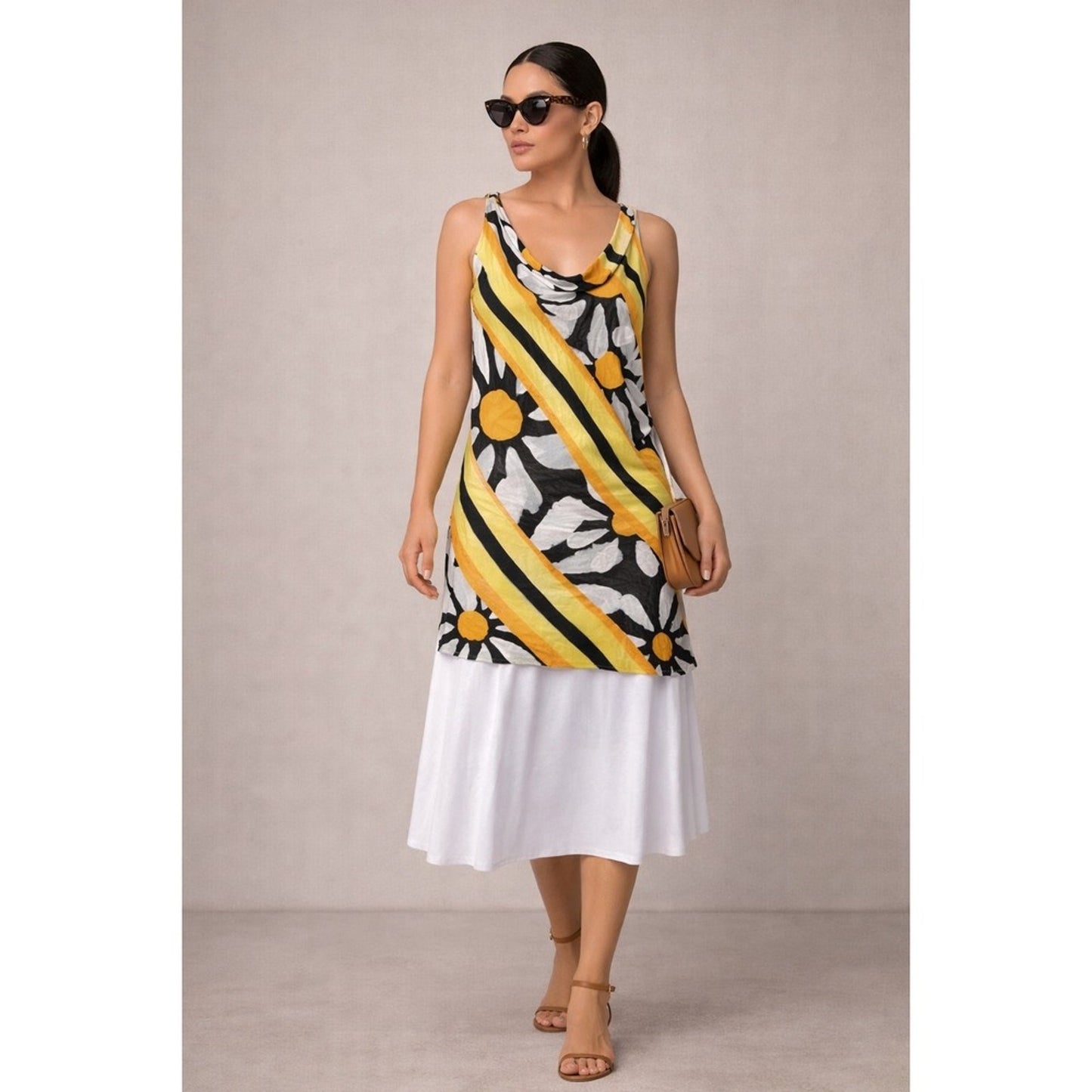 Marni Printed Cowl Neck Tunic Dress White Daisy Yellow Black Abstract XS