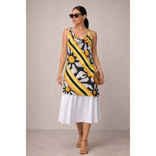 Marni Printed Cowl Neck Tunic Dress White Daisy Yellow Black Abstract XS