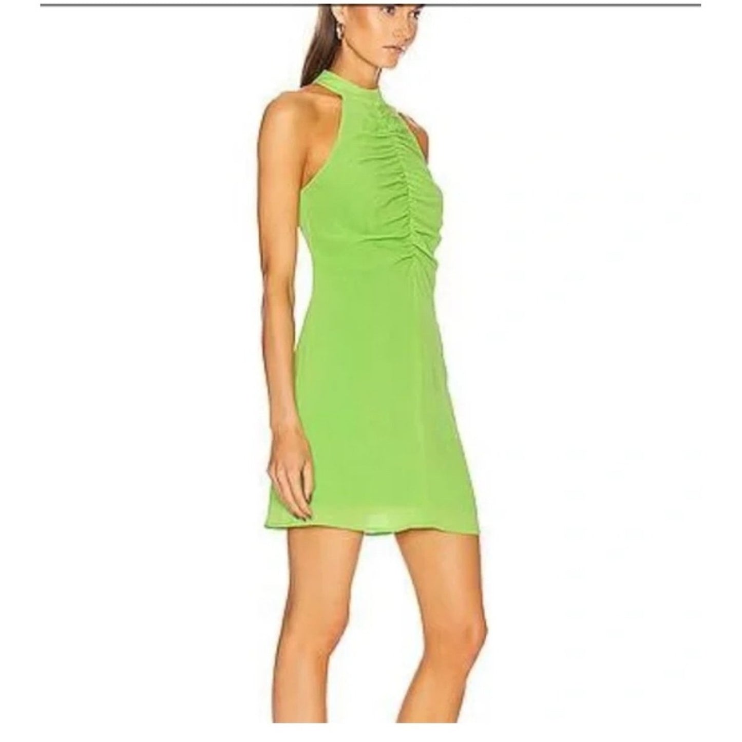 STAUD Women's Lime Green Halter Mini Dress Ruched Fitted Sleeveless Party size 4