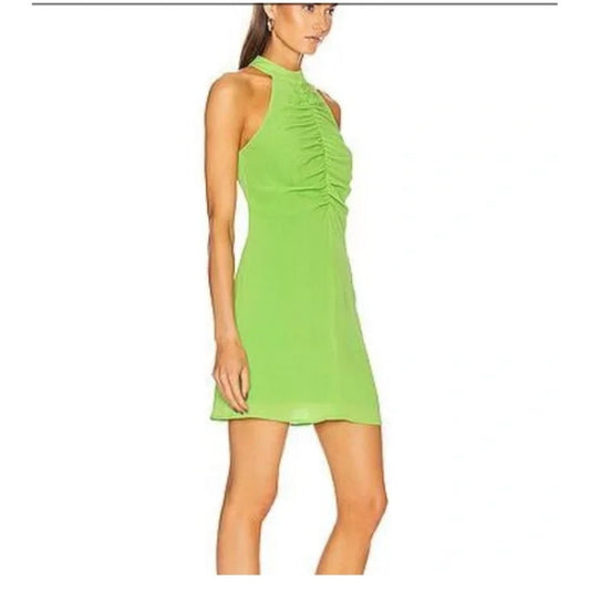 STAUD Women's Lime Green Halter Mini Dress Ruched Fitted Sleeveless Party size 4
