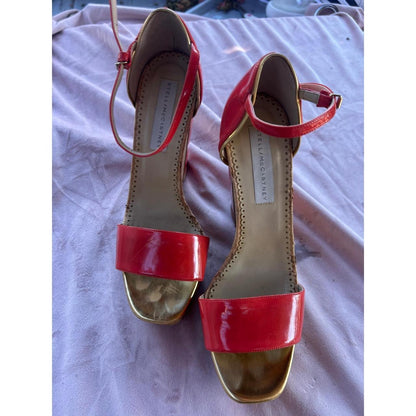 Stella McCartney Red Patent Cork Wedge Platform Sandals Gold Size 41 Luxury