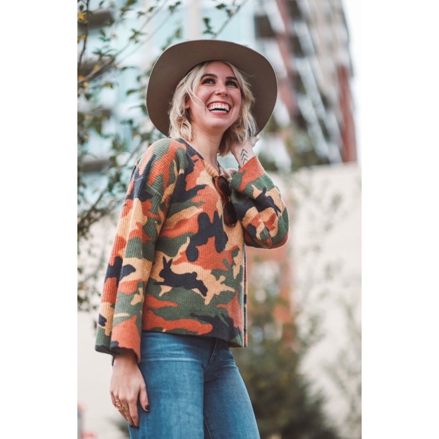 Madewell Disney Camo Sweater Hidden Mickey Collab Boxy Fit Bell Sleeve M