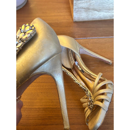 Badgley Mischka Gold Crystal T-Strap Stiletto Heels Womens 9.5 Formal Wedding