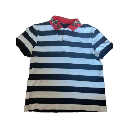 Gucci Navy White Striped Polo Shirt Red Snake Bee Embroidered Collar Size M