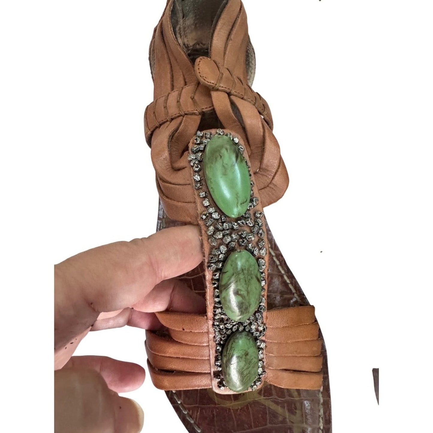 Sam Edelman Brown Leather Gladiator Sandals Rhinestone Turquoise Stones size 9
