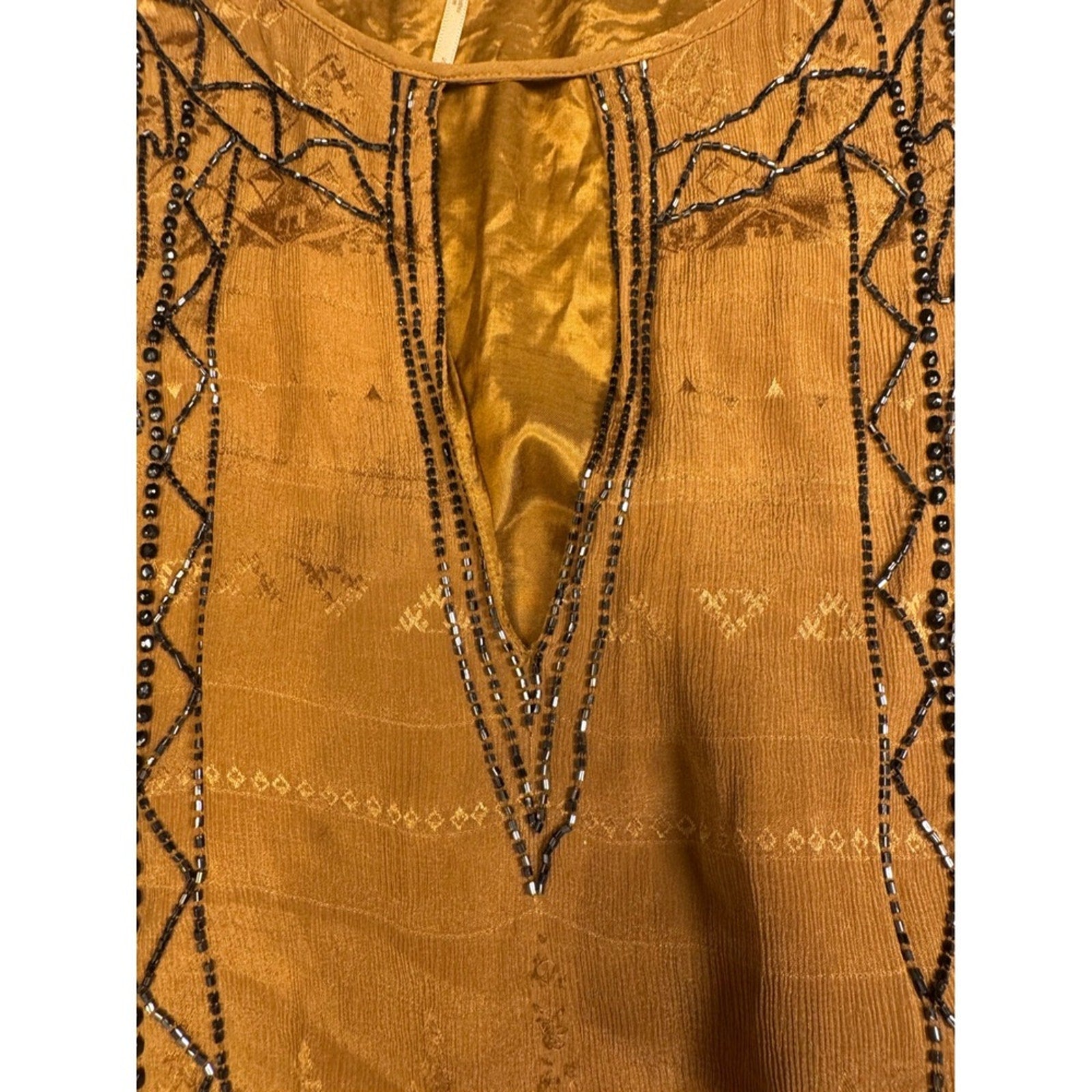 Free People Dress Tan Sleeveless Beaded Accents Boho Mini Dress