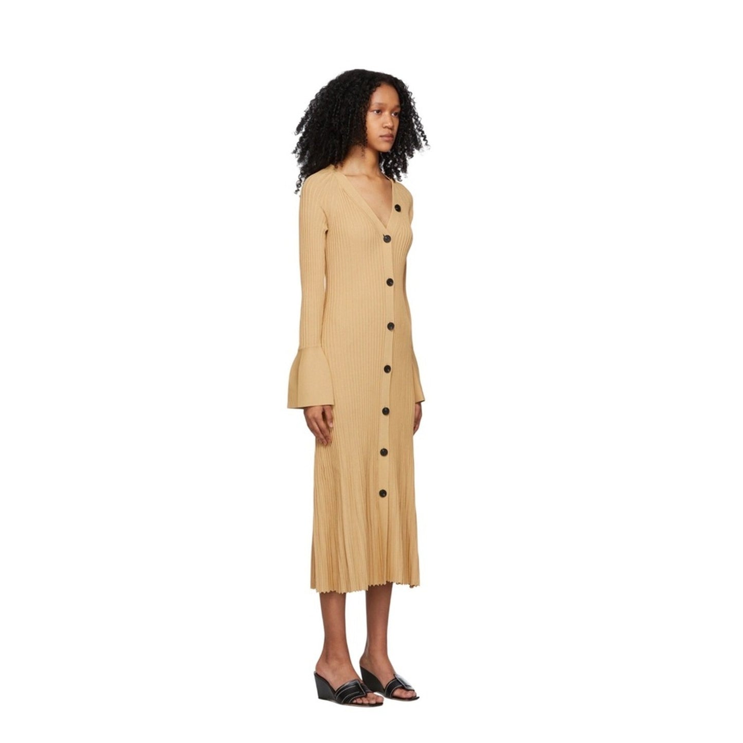 Proenza Schouler Ribbed Knit Long Sleeve Maxi Cardigan Dress Mustard Yellow S
