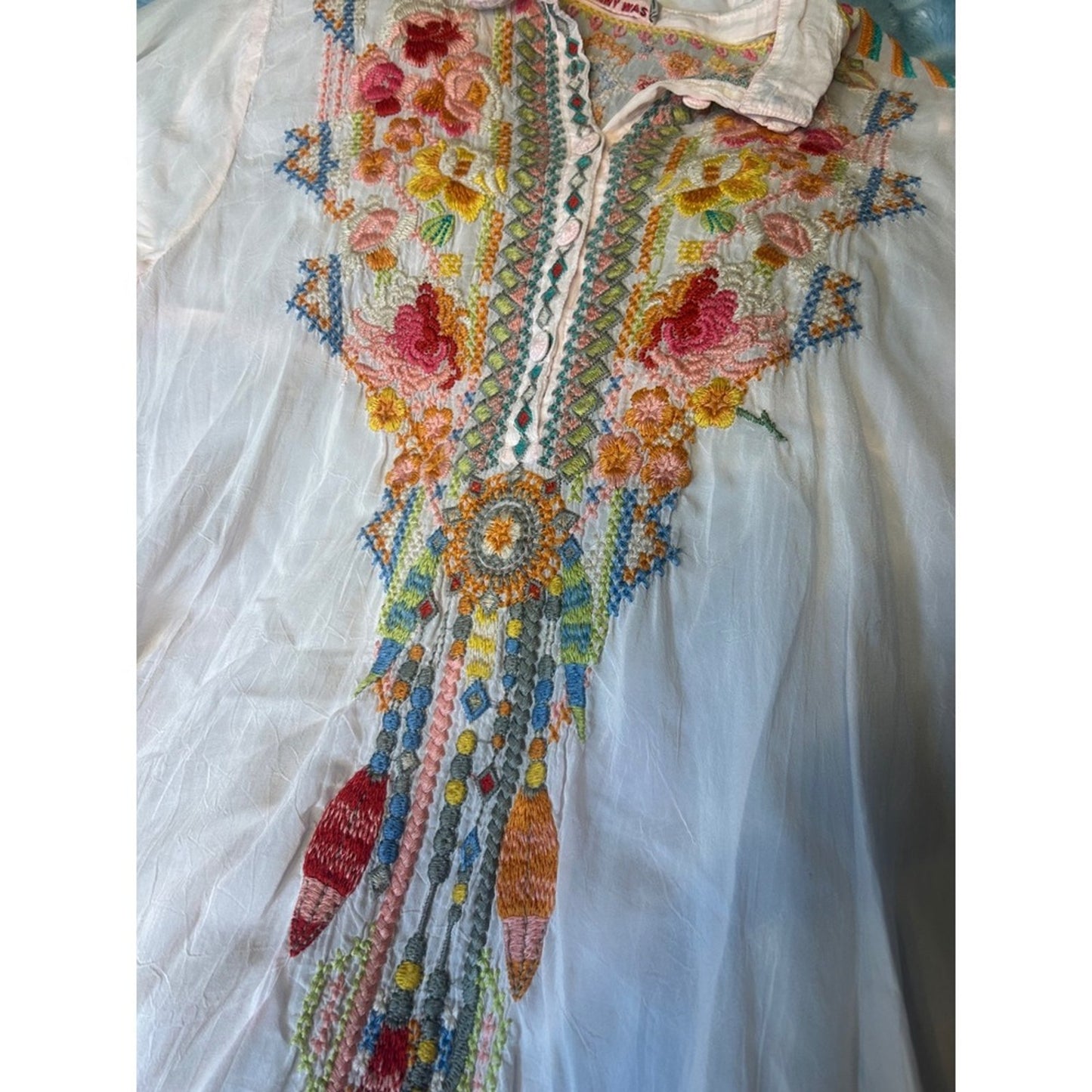 Johnny Was Embroidered Tunic Women Size S Pink Boho Floral Sharkbite Hem
