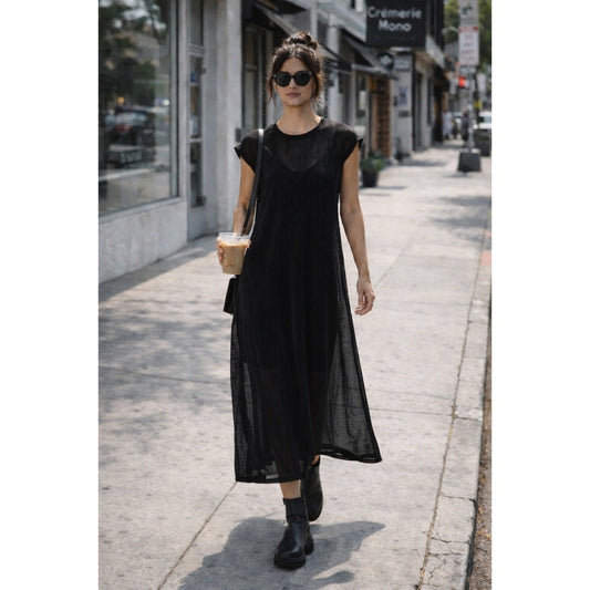 COS Mesh Knit Maxi Dress Women XS Black Excellent Pointelle Sheer Short Sleeve