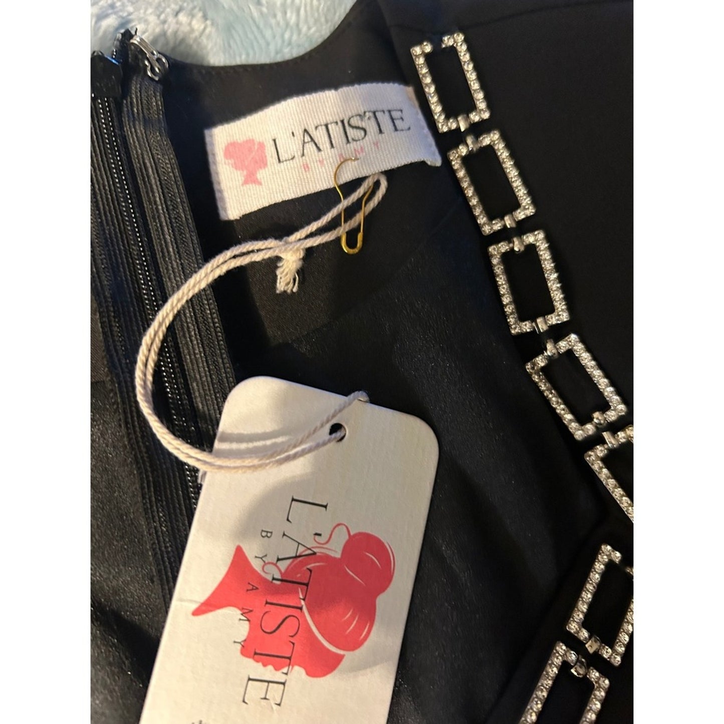 LAtiste Black Rhinestone Chain Embellished Button Front Dress