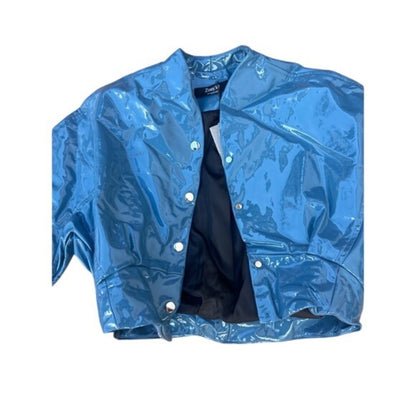 Zoey W Blue Patent Cropped Button Front Jacket size M NWT
