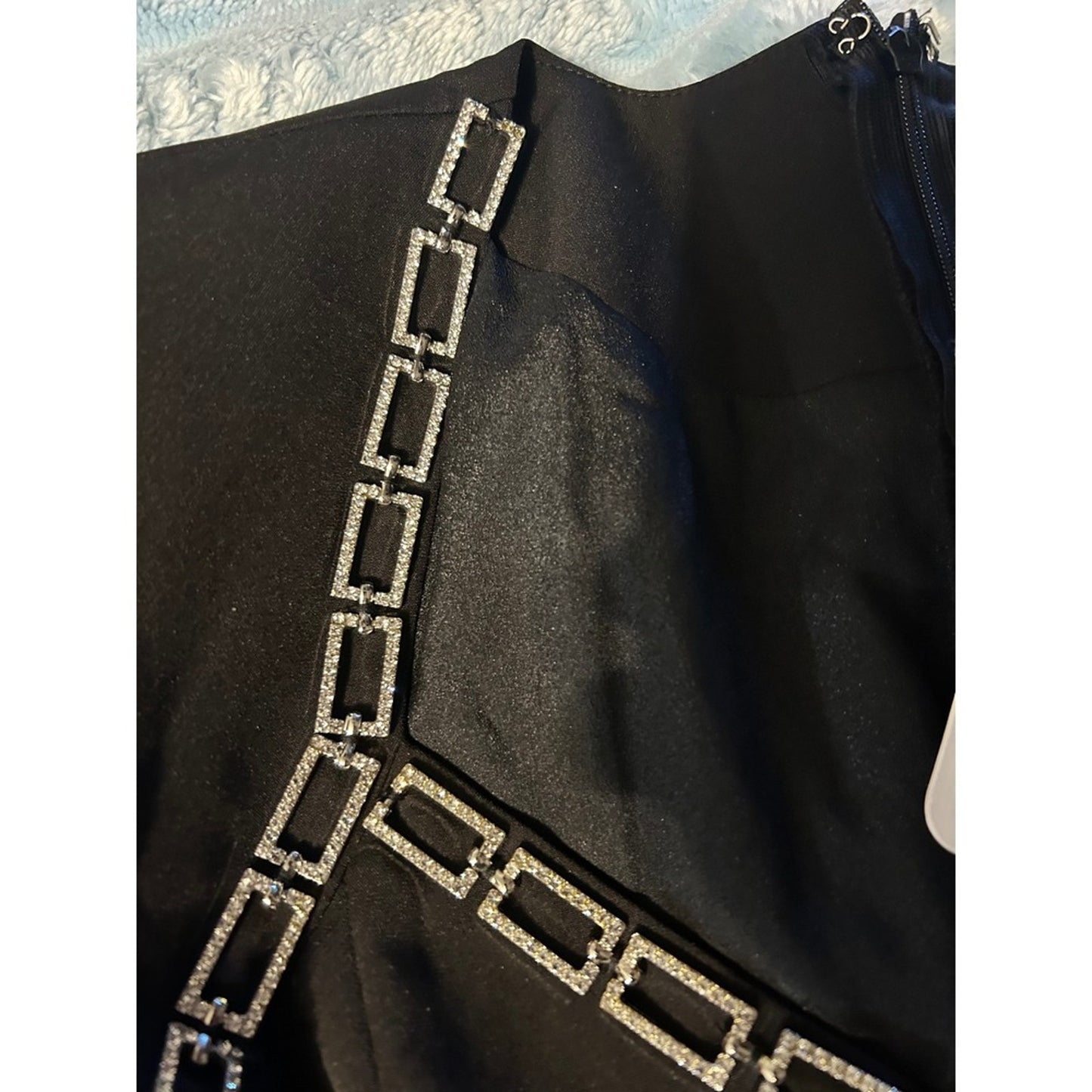 LAtiste Black Rhinestone Chain Embellished Button Front Dress
