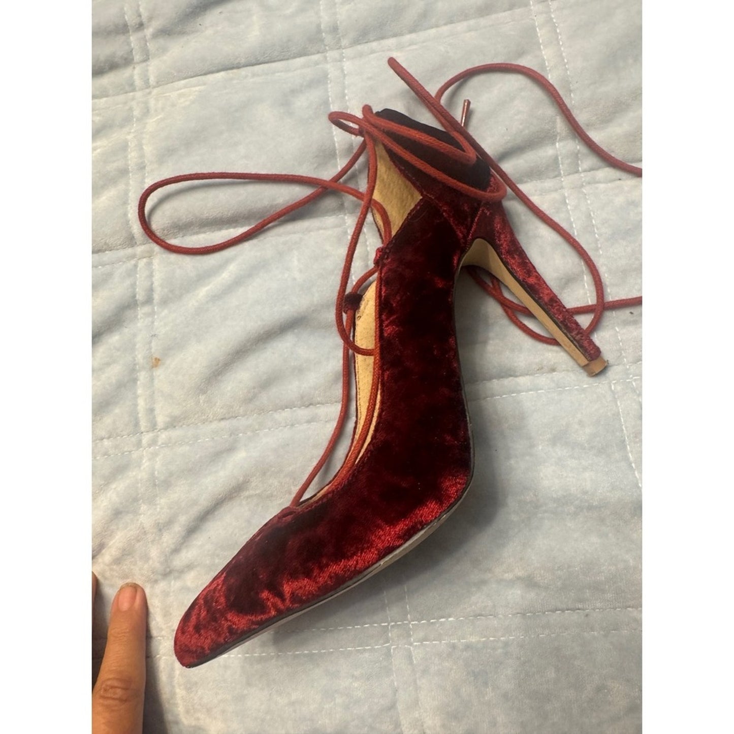 Rave Red Velvet Heels Pointed Toe Lace Up Ankle Tie Pumps Party Shoes size 37