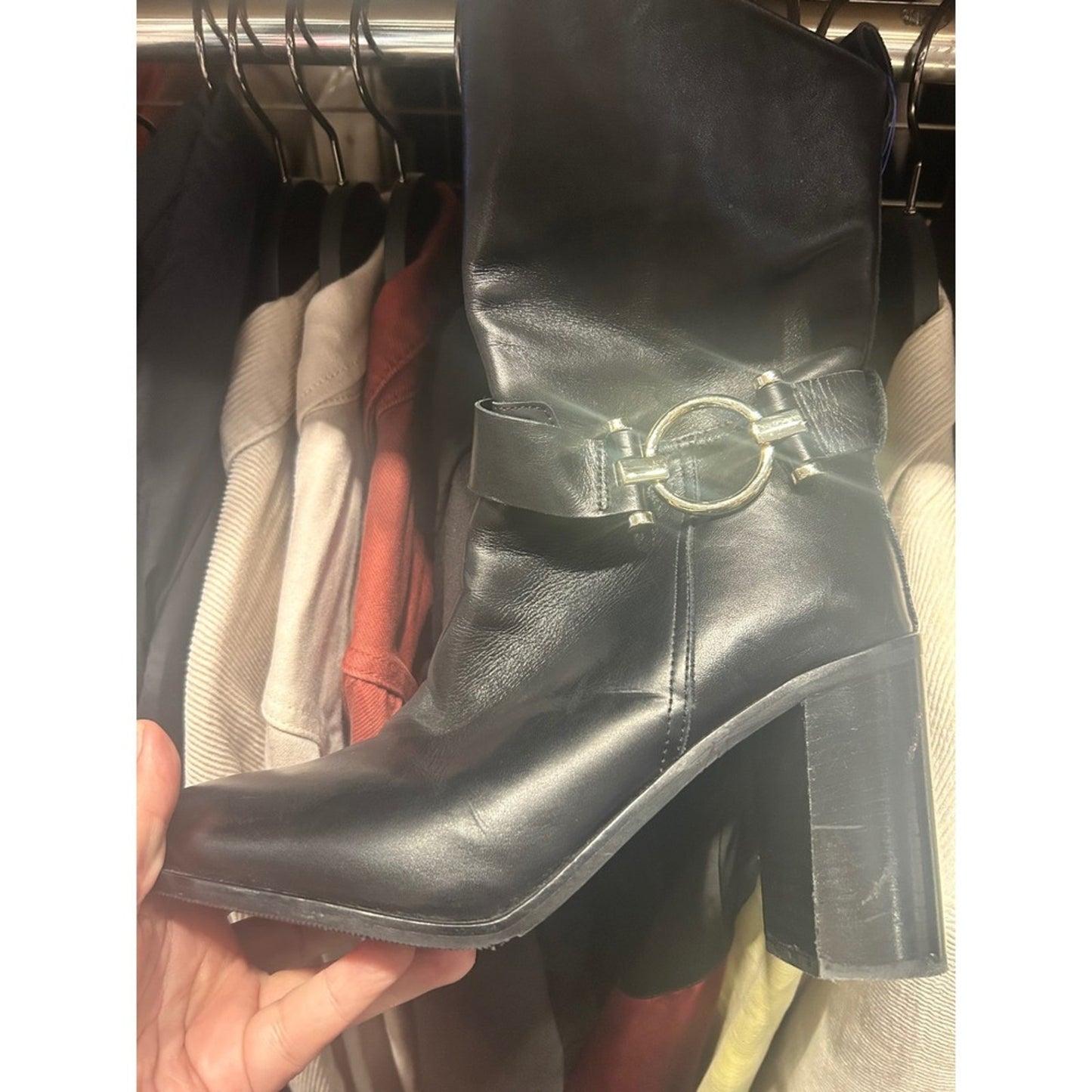 Made in Italy Black Leather Mid Calf Block Heel Boots Gold Ring Buckle A8455 39