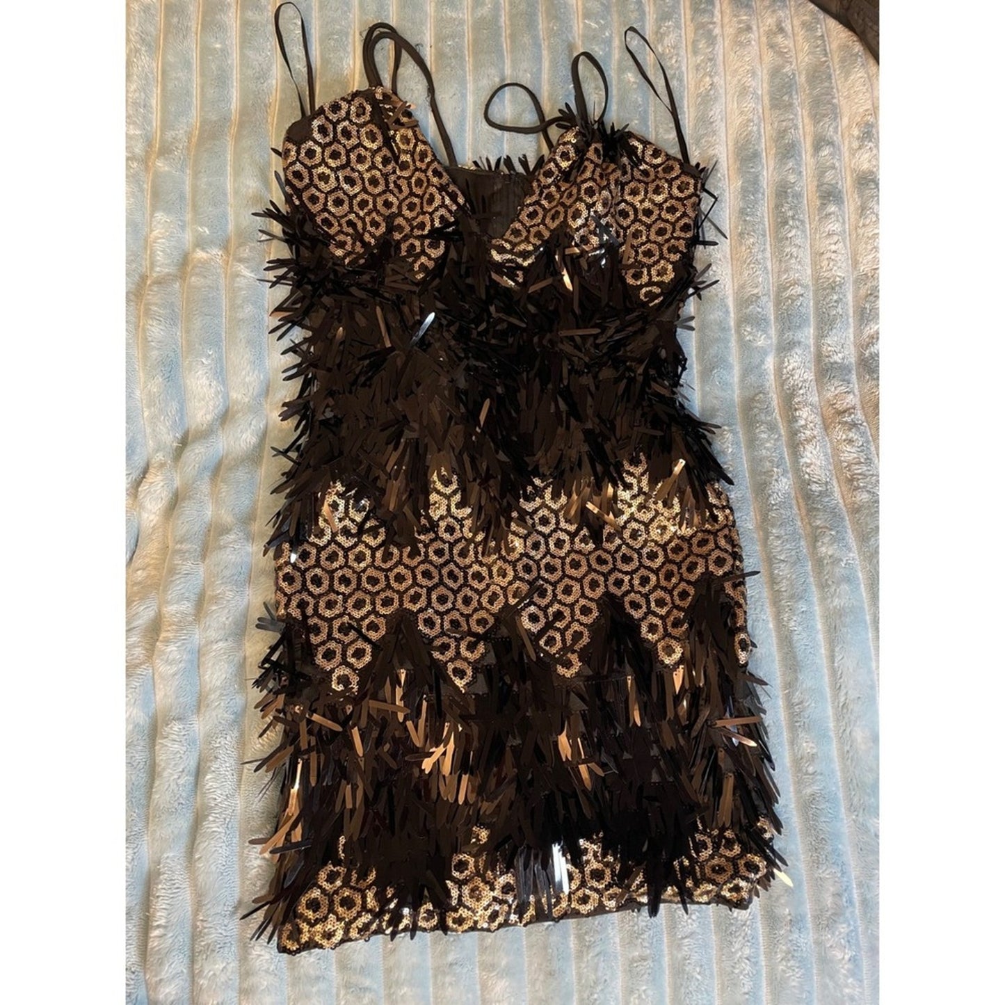 Banjul Black Gold Sequin Fringe V Neck Spaghetti Strap Mini Dress L Grande