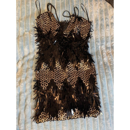 Banjul Black Gold Sequin Fringe V Neck Spaghetti Strap Mini Dress L Grande