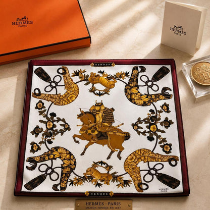 Hermes Parures de Samourais Silk Scarf Burgundy Gold Aline Honore 80cm Square
