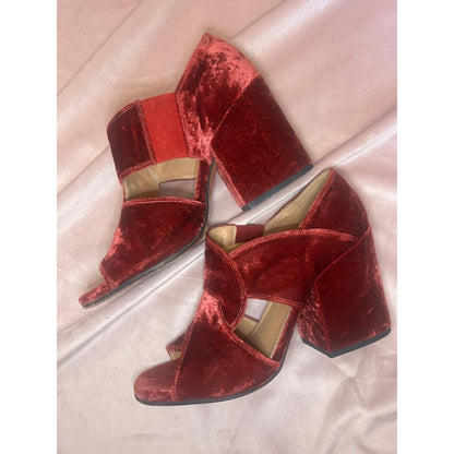 Dries Van Noten Burgundy Crushed Velvet Block Heel Sandals Peep Italy Size 39
