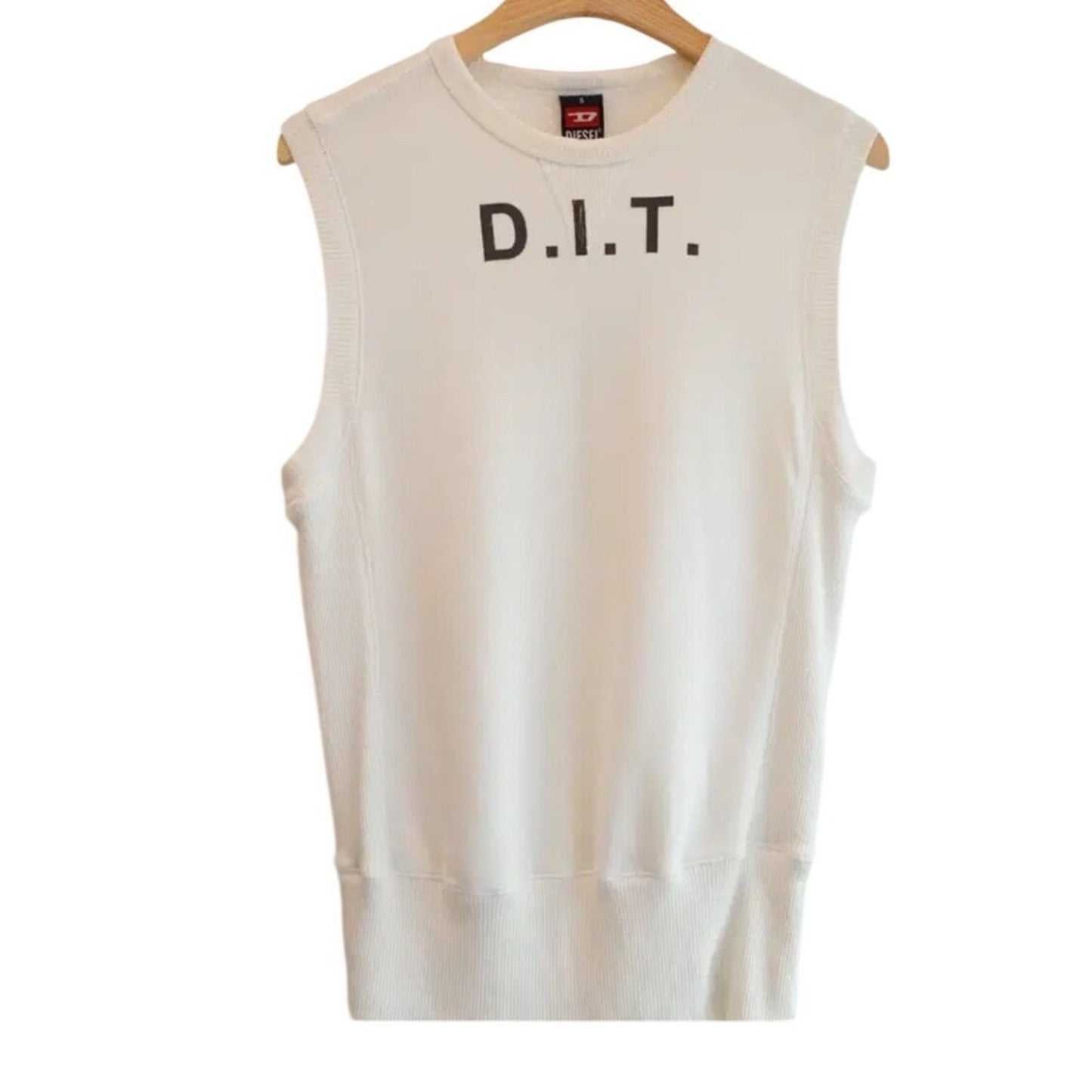 Diesel DIT Sleeveless Sweatshirt Top Cream White Crew Neck Mens Size M