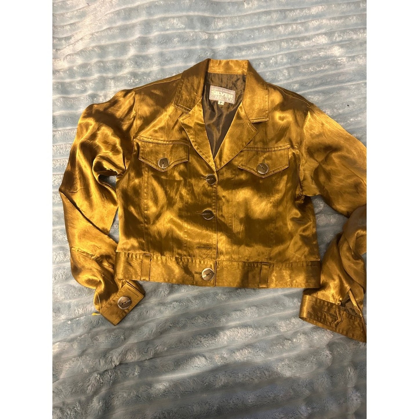 Metallic Gold Cropped Trucker Jacket Button Front Long Sleeve Shimmer Coat