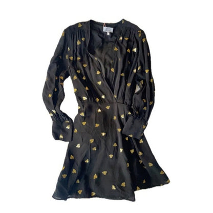 And Other Stories Black Gold Bee Print Wrap Mini Dress size 6