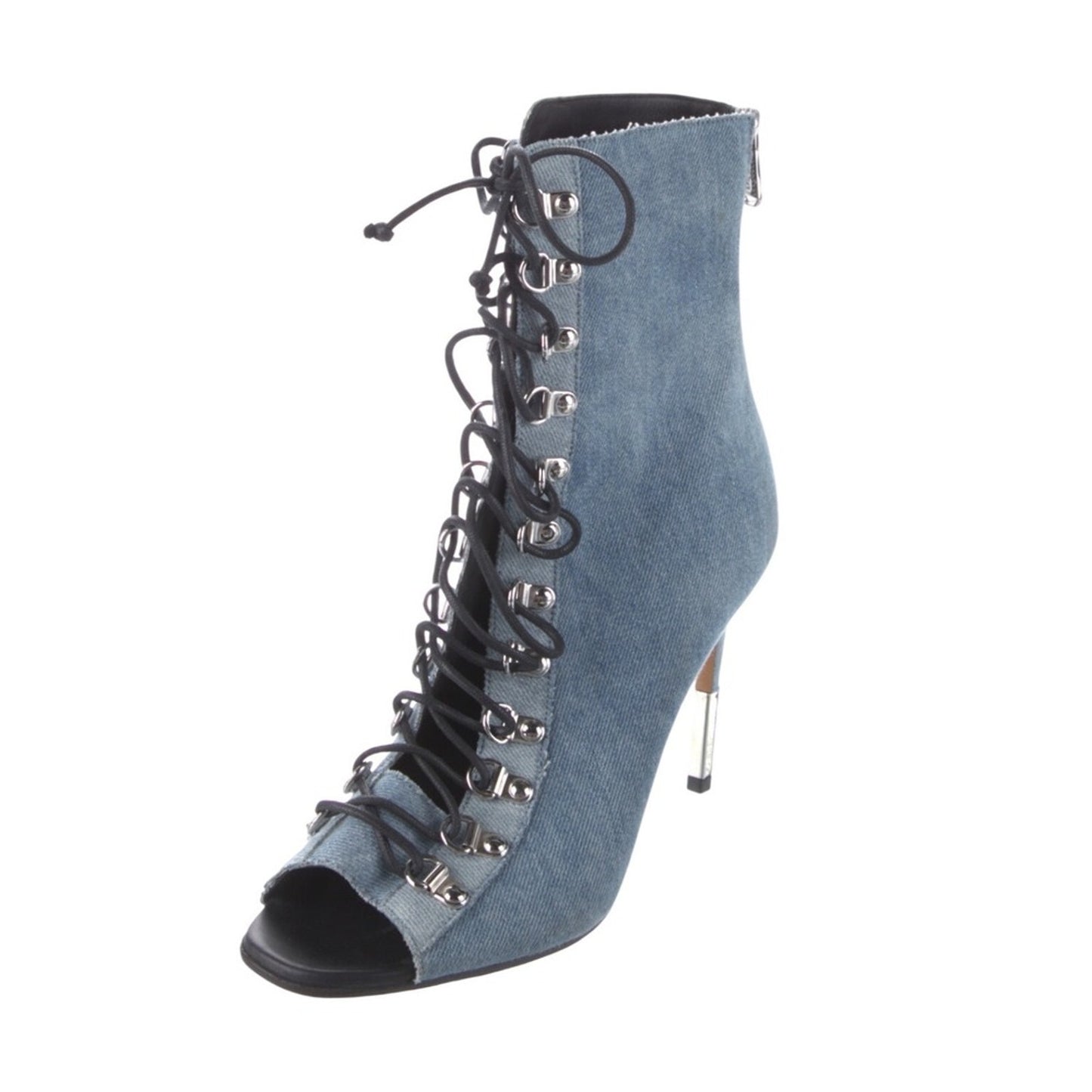 Balmain Paris Denim Lace Up Peep Toe Stiletto Heeled Booties Ankle Boots 6.5