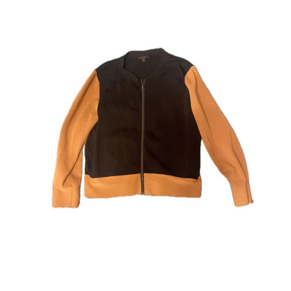 Color Block Zip Up Bomber Jacket Tan Black Ribbed Knit Collar Cuff Hem