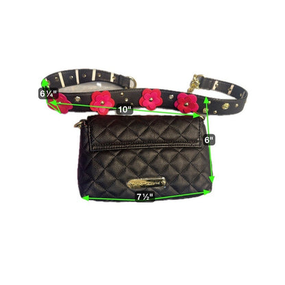 Betsey Johnson Black Quilted Belt Bag with Floral Detail Studded Strap NWT